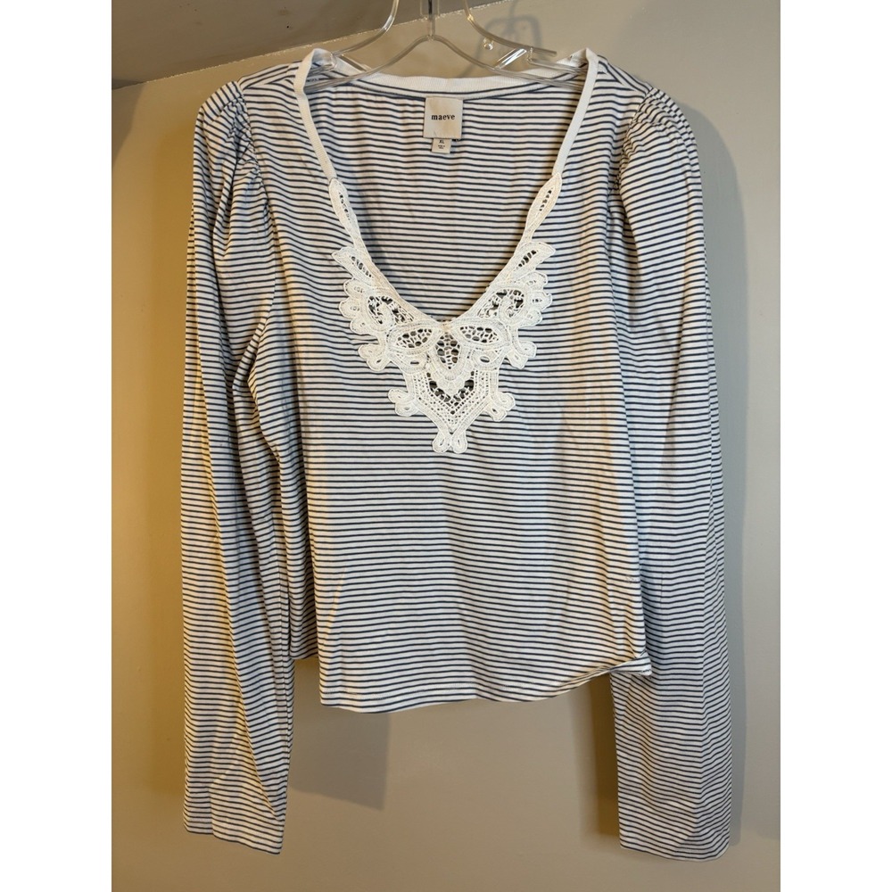MAEVE Blue & White Stripe Puff Sleeve V Neck Top XL Lace Trim Anthropologie